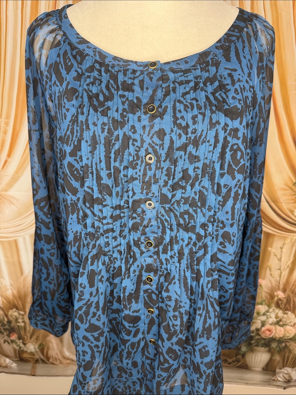 Grace Elements Blue and Black Printed Button-Down Blouse